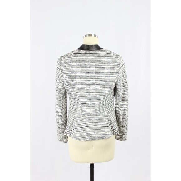REBECCA TAYLOR Grey Striped Cotton Tweed Leather Trim Peplum Blazer, Size 6 - Picture 3 of 16